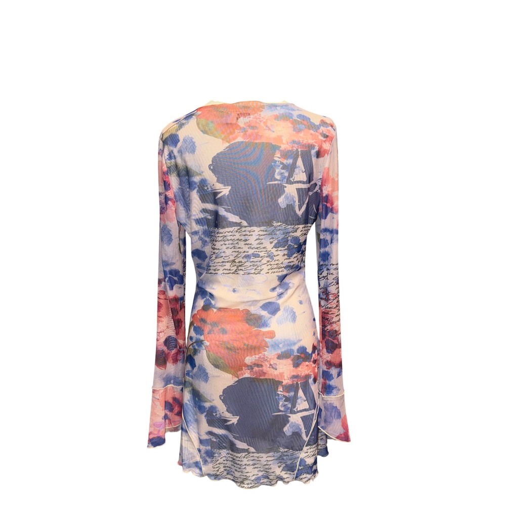 Tiger Mist Mini Dress Womens L Pink Blue Excellent Mesh Floral Script V-Neck Tie - Picture 3 of 9